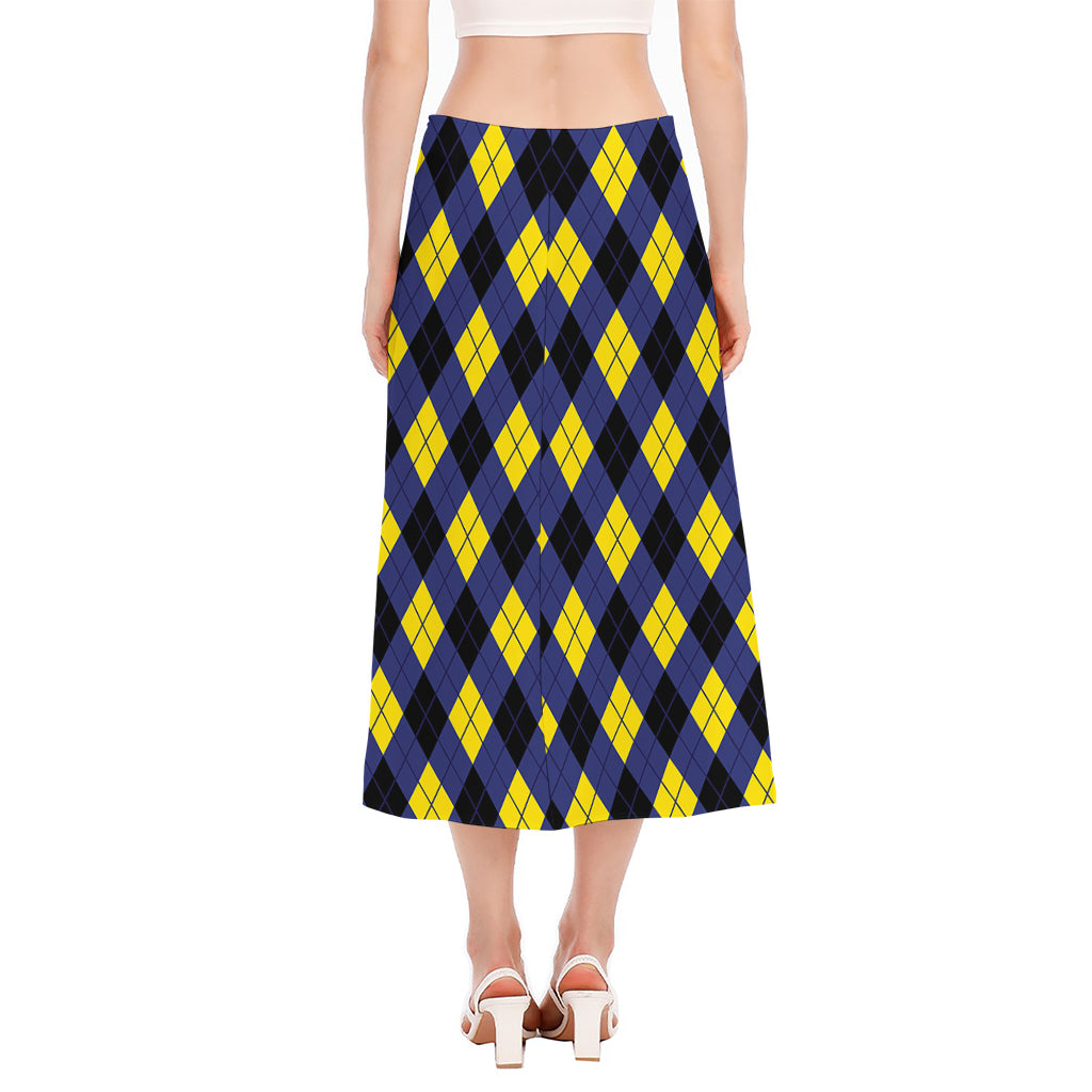 Blue Black And Yellow Argyle Print Side Slit Midi Skirt
