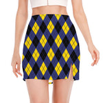 Blue Black And Yellow Argyle Print Side Slit Mini Skirt