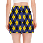 Blue Black And Yellow Argyle Print Side Slit Mini Skirt