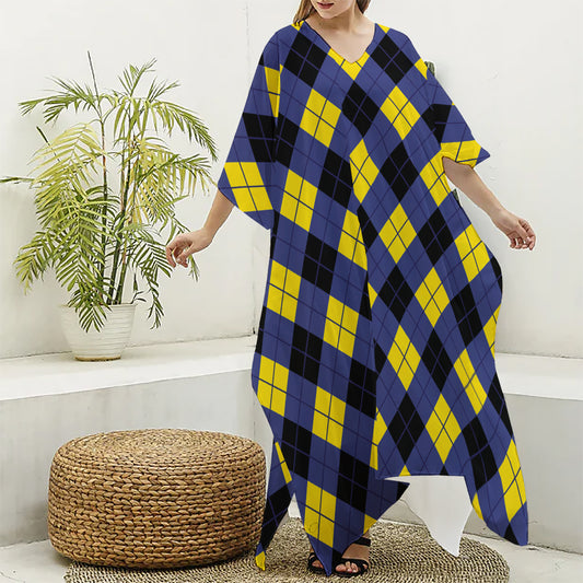 Blue Black And Yellow Argyle Print Silk V-Neck Kaftan Dress