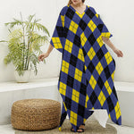 Blue Black And Yellow Argyle Print Silk V-Neck Kaftan Dress