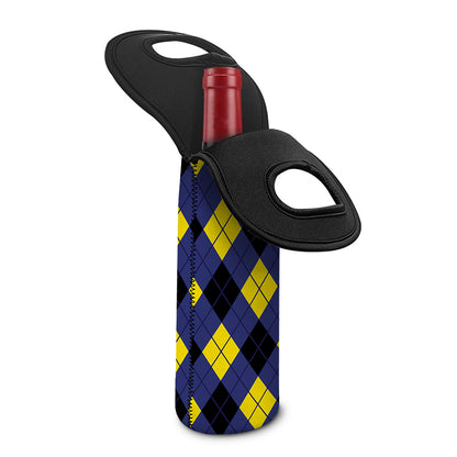 Blue Black And Yellow Argyle Print Single Neoprene Wine Tote