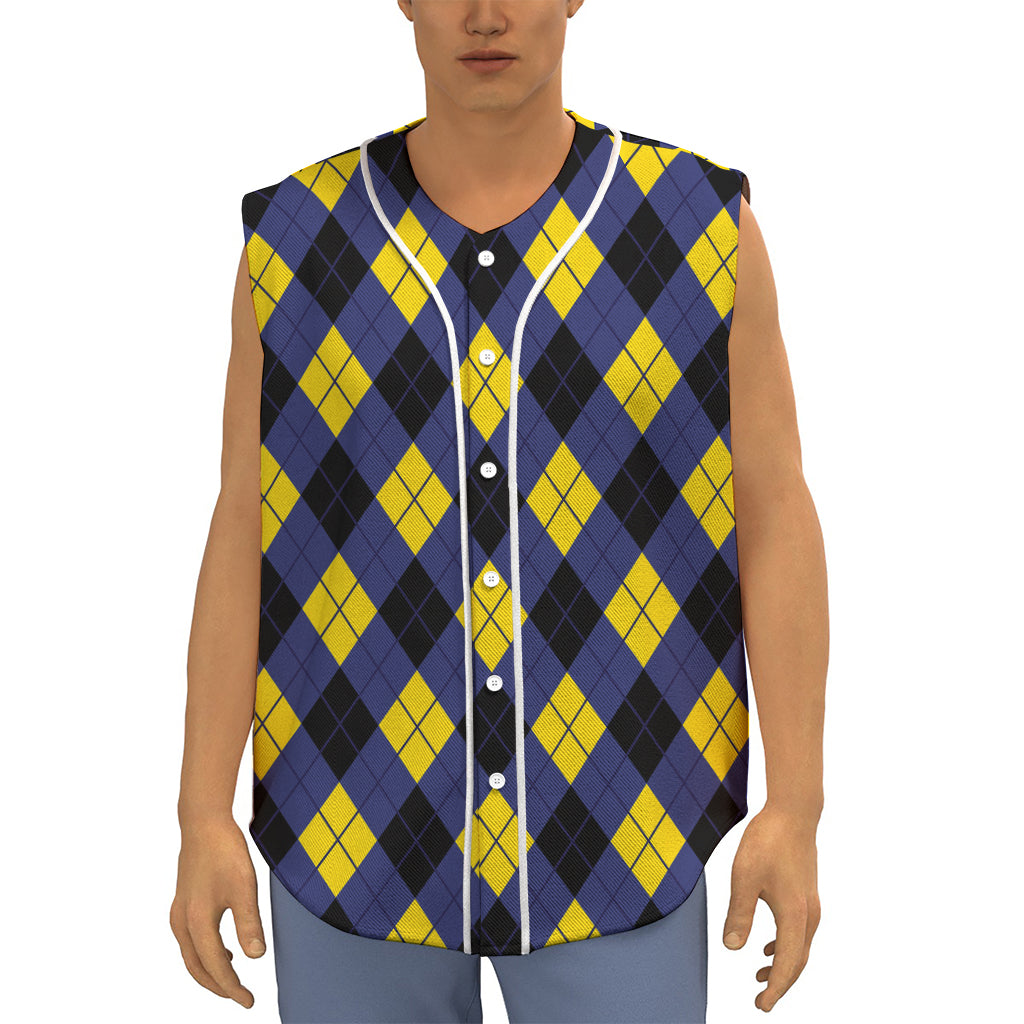 Blue Black And Yellow Argyle Print Sleeveless Baseball Jersey