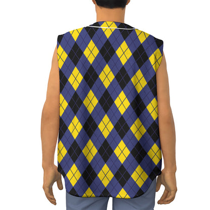 Blue Black And Yellow Argyle Print Sleeveless Baseball Jersey