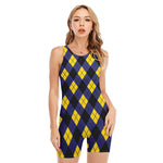 Blue Black And Yellow Argyle Print Sleeveless One Piece Swimsuit