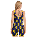 Blue Black And Yellow Argyle Print Sleeveless One Piece Swimsuit