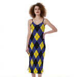 Blue Black And Yellow Argyle Print Slim Fit Midi Cami Dress