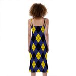 Blue Black And Yellow Argyle Print Slim Fit Midi Cami Dress