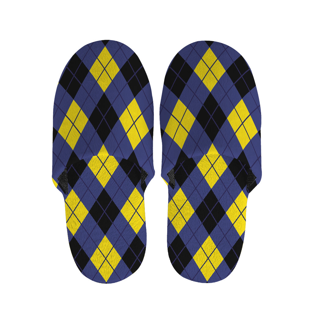 Blue Black And Yellow Argyle Print Slippers