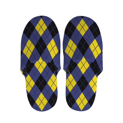 Blue Black And Yellow Argyle Print Slippers