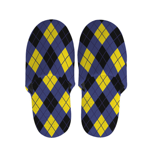 Blue Black And Yellow Argyle Print Slippers