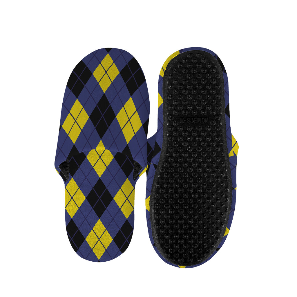 Blue Black And Yellow Argyle Print Slippers