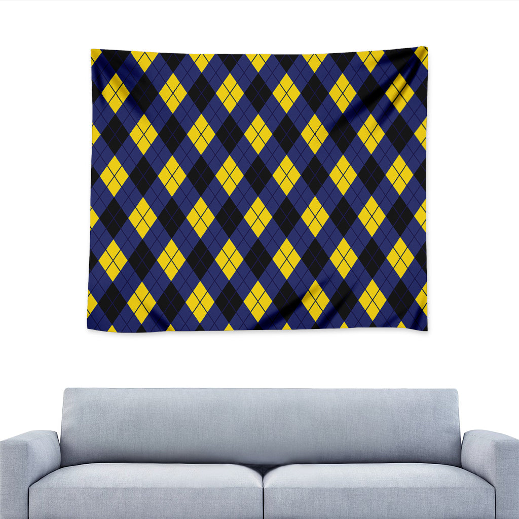 Blue Black And Yellow Argyle Print Tapestry