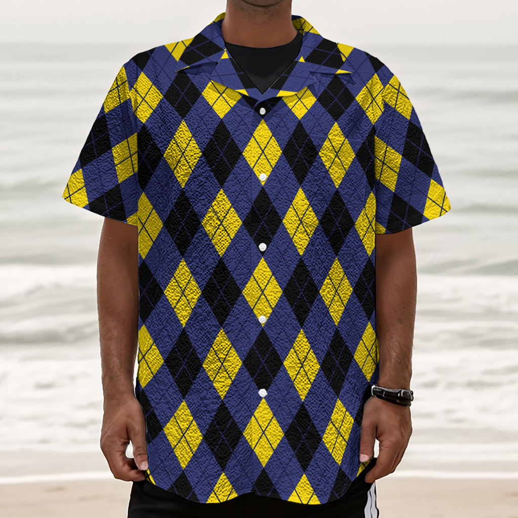 Blue Black And Yellow Argyle Print Textured Short Sleeve Shirt