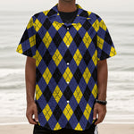 Blue Black And Yellow Argyle Print Textured Short Sleeve Shirt