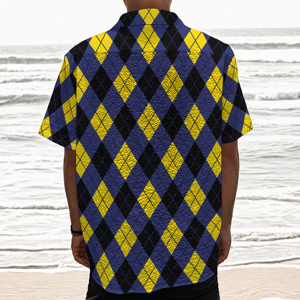 Blue Black And Yellow Argyle Print Textured Short Sleeve Shirt