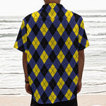 Blue Black And Yellow Argyle Print Textured Short Sleeve Shirt