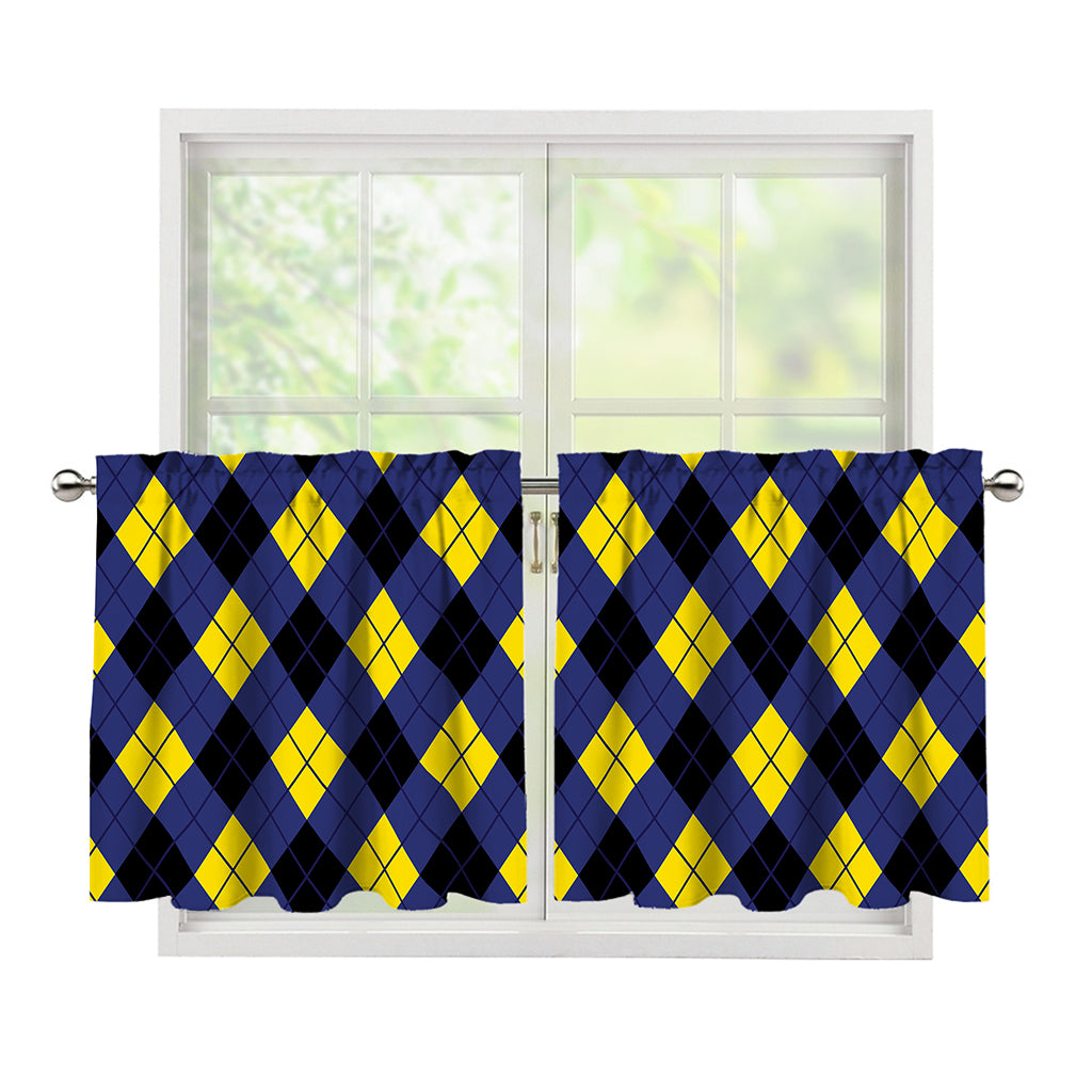 Blue Black And Yellow Argyle Print Tier Curtains