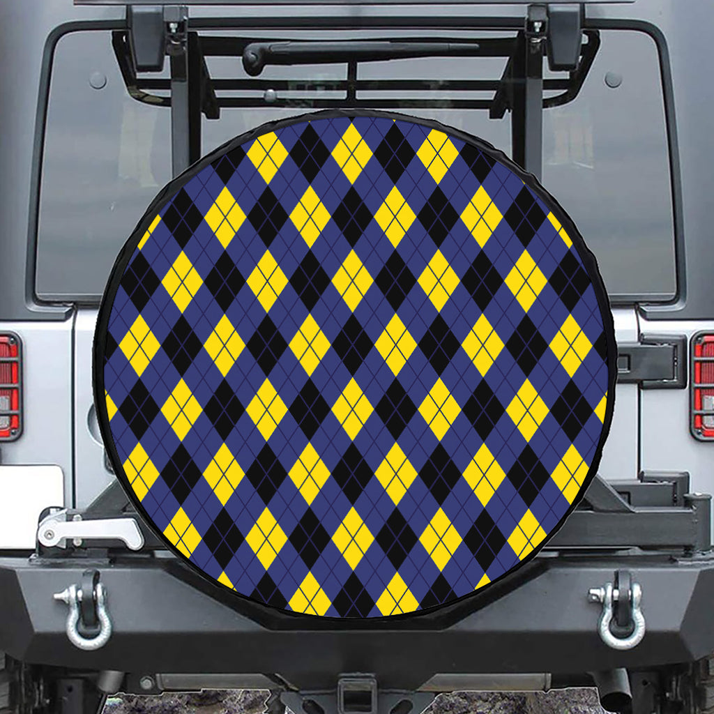 Blue Black And Yellow Argyle Print Tire Cover