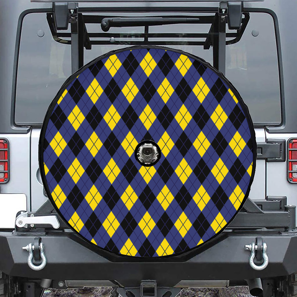 Blue Black And Yellow Argyle Print Tire Cover With Camera Hole