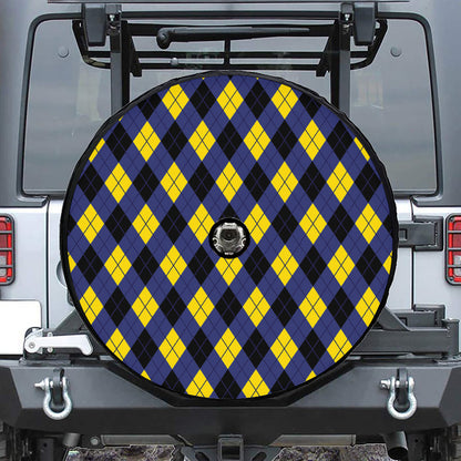 Blue Black And Yellow Argyle Print Tire Cover With Camera Hole