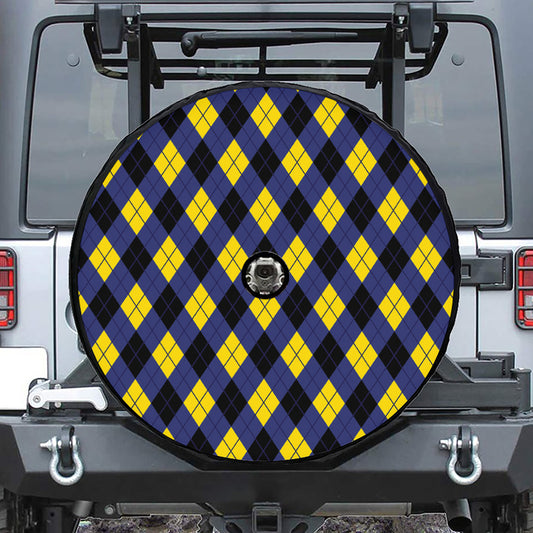 Blue Black And Yellow Argyle Print Tire Cover With Camera Hole