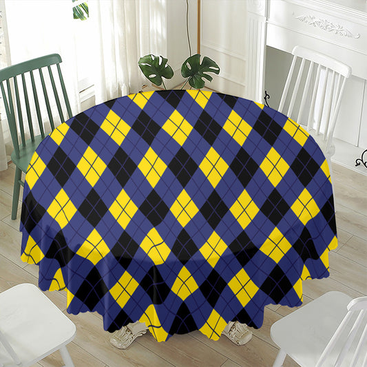 Blue Black And Yellow Argyle Print Waterproof Round Tablecloth