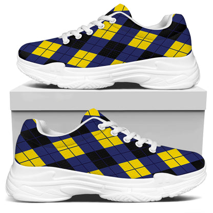 Blue Black And Yellow Argyle Print White Chunky Shoes