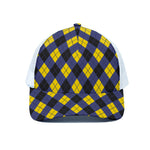 Blue Black And Yellow Argyle Print White Mesh Trucker Cap