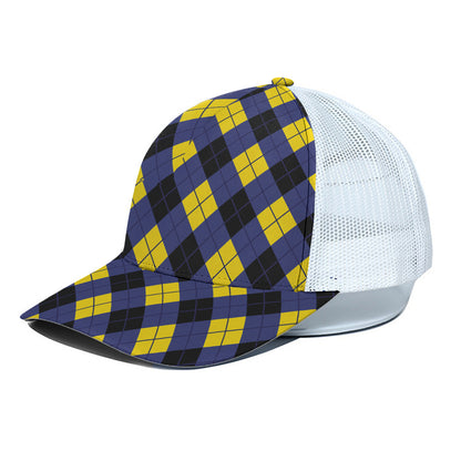 Blue Black And Yellow Argyle Print White Mesh Trucker Cap