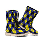 Blue Black And Yellow Argyle Print Winter Boots