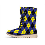 Blue Black And Yellow Argyle Print Winter Boots