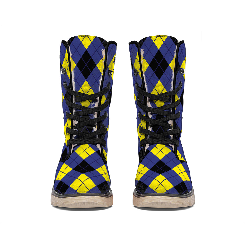 Blue Black And Yellow Argyle Print Winter Boots