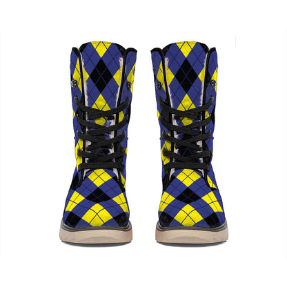 Blue Black And Yellow Argyle Print Winter Boots