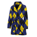 Blue Black And Yellow Argyle Print Women's Bathrobe