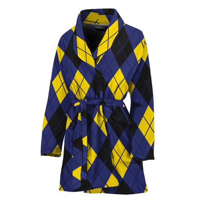 Blue Black And Yellow Argyle Print Women's Bathrobe