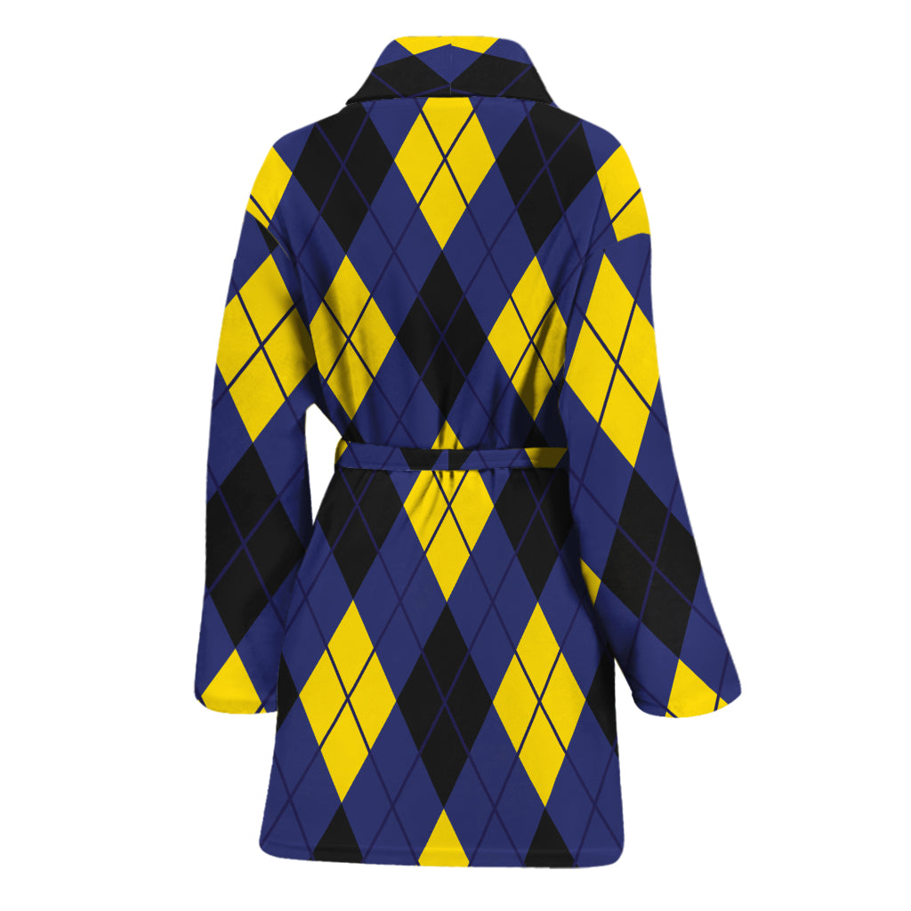 Blue Black And Yellow Argyle Print Women's Bathrobe