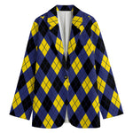 Blue Black And Yellow Argyle Print Women's Blazer