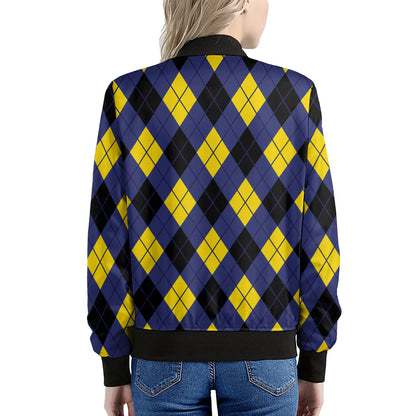Blue Black And Yellow Argyle Print Women's Bomber Jacket
