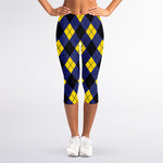 Blue Black And Yellow Argyle Print Women's Capri Leggings