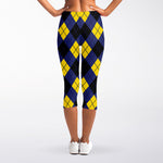 Blue Black And Yellow Argyle Print Women's Capri Leggings