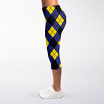 Blue Black And Yellow Argyle Print Women's Capri Leggings