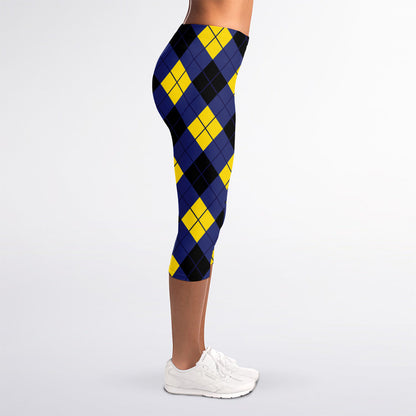 Blue Black And Yellow Argyle Print Women's Capri Leggings