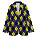 Blue Black And Yellow Argyle Print Women's Cotton Blazer