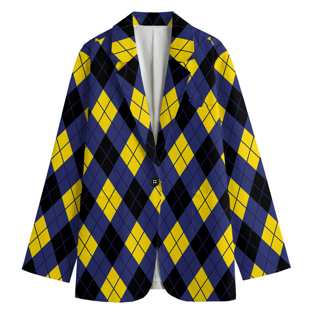Blue Black And Yellow Argyle Print Women's Cotton Blazer