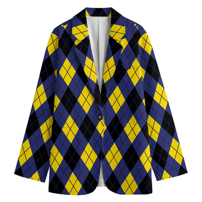 Blue Black And Yellow Argyle Print Women's Cotton Blazer