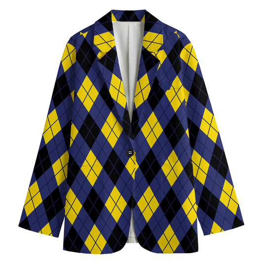 Blue Black And Yellow Argyle Print Women's Cotton Blazer