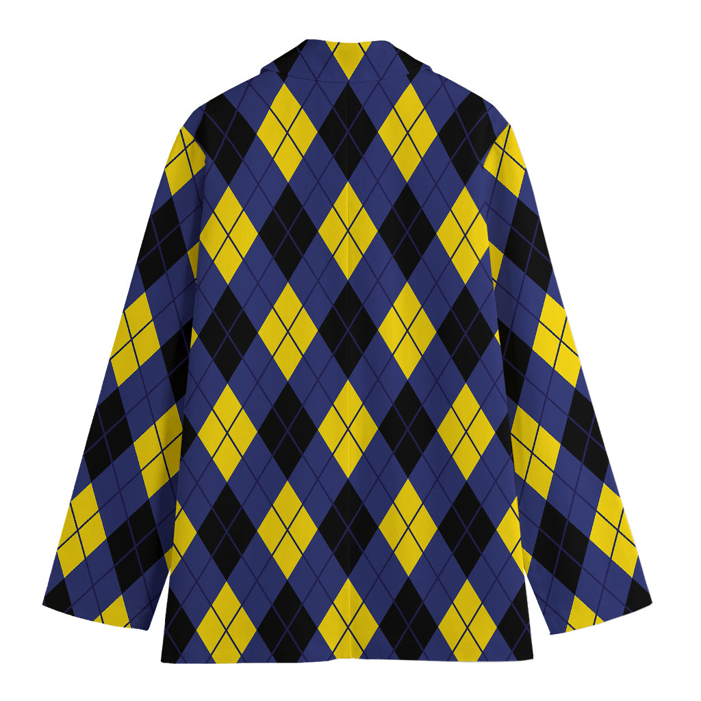 Blue Black And Yellow Argyle Print Women's Cotton Blazer