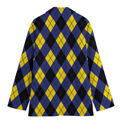 Blue Black And Yellow Argyle Print Women's Cotton Blazer