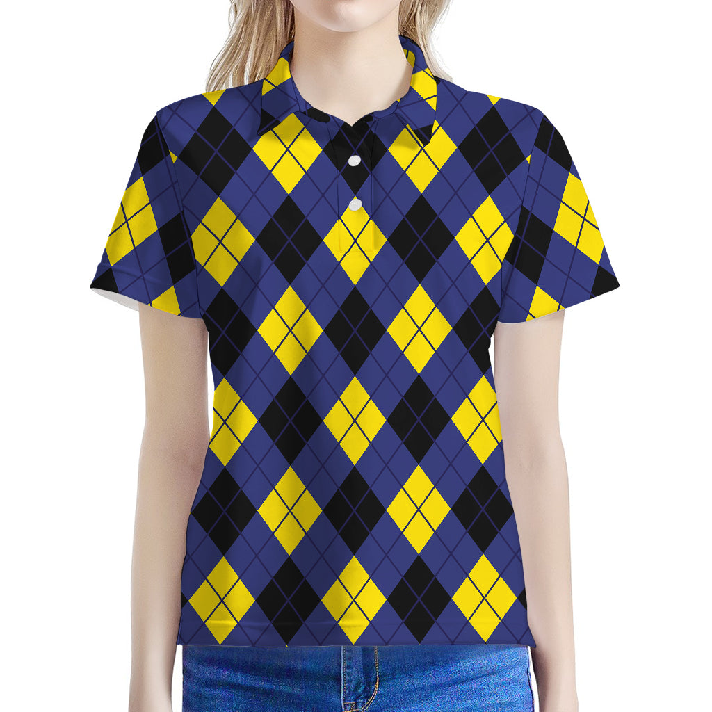 Blue Black And Yellow Argyle Print Women's Polo Shirt